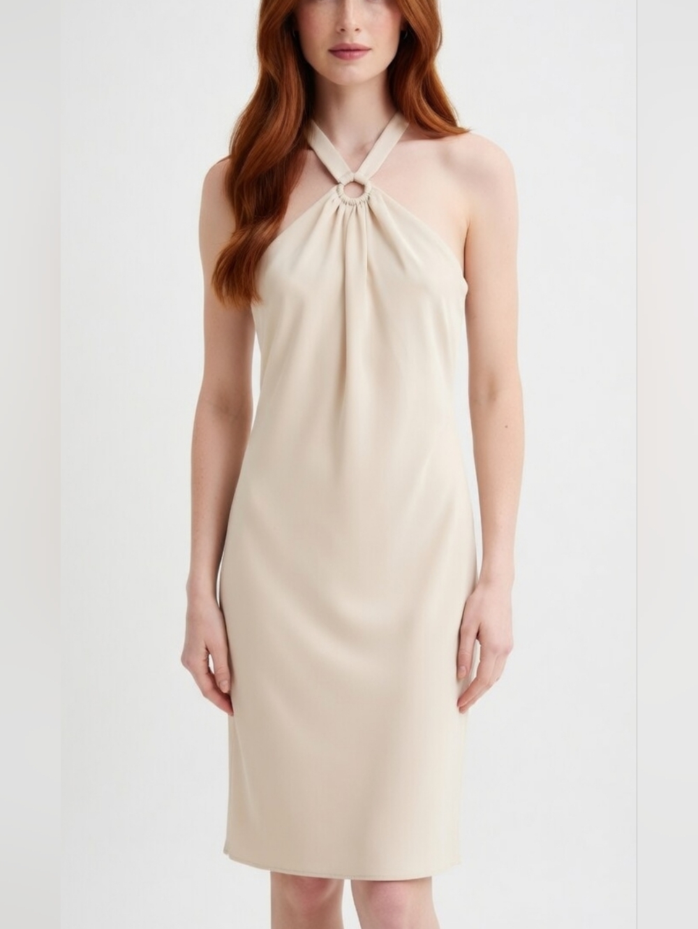 Vtg 90s Versailles Beige Halter Dress – Timeless Sophisticated Minimalist🩷🌴